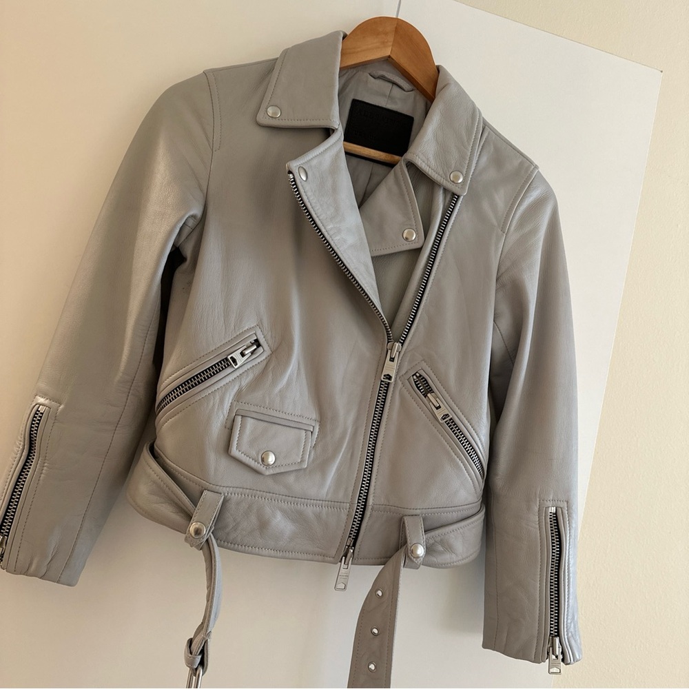 All Saints lamb leather motorcycle jacket, gray blue size 4 US